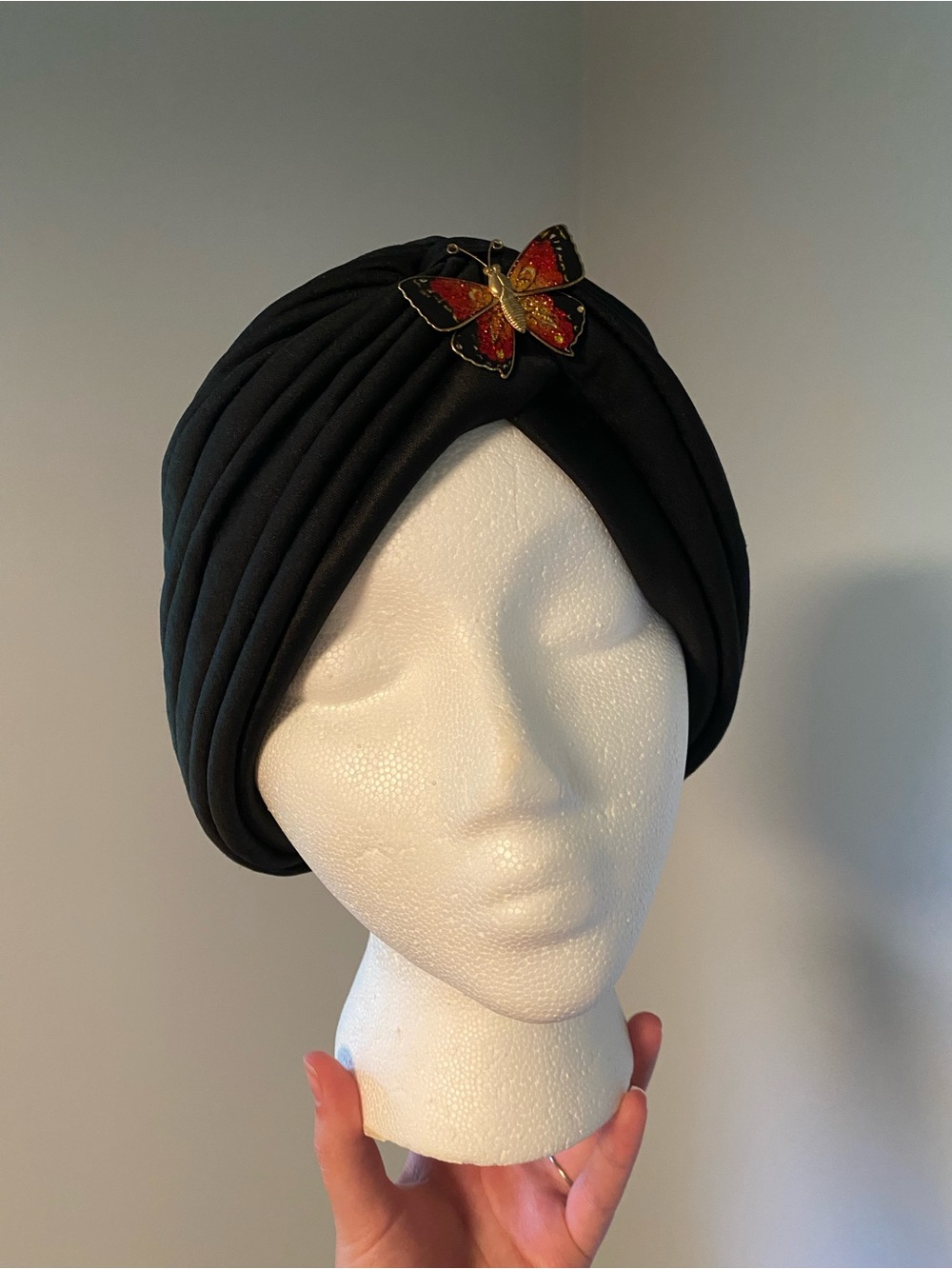 Black Women's Turban Headband with Red Butterfly brooch